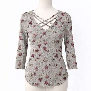 Cloudchaser Waffle Knit‎ Top Womens Small Gray Floral Lattice Neck Thermal